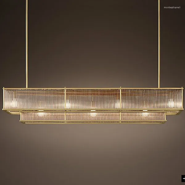 Lampes Suspendues Lustres Salle À Manger Américaine E14 Led Lumières Abat-Jour En Verre Droit PendentifLuxe Tige En Métal Doré HangingFixtures Lampe