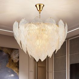 Lampes Suspendues Lustres Post Moderne De Luxe E14 Led Lumières Feuille De Verre Brillant Métal Doré PendentifFoyer Chaîne SuspendueLed Intérieur Lampe