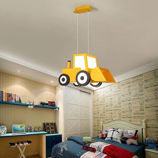 Lámparas colgantes Lámpara de habitación para niños Dibujos animados Bulldozing Coche Azul Amarillo Jardín de infantes Diseñador Araña Decoración Tema Iluminación Niños Colgante