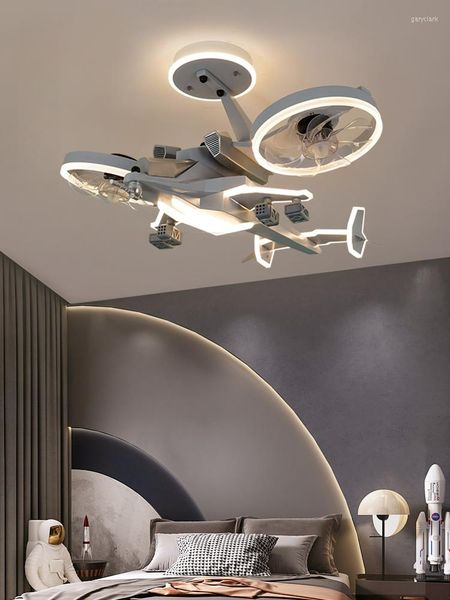 Lampes suspendues Chambre d'enfant Chambre à coucher Lumière LED Modèle de chasseur de lampe de ventilateur d'avion pour garçons