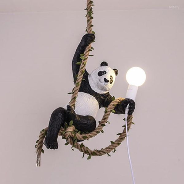 Lampes suspendues Chine Panda Lumière Résine Art Déco Vintage Corde Plafond Suspension Lampe Salle À Manger Bar Lustre LED Luminaire