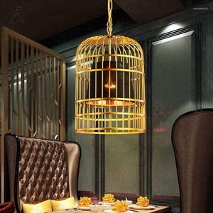 Lampes suspendues Chinois Oiseau Cage Lumière Salon Restaurant Salle À Manger Lustre Tissu Suspension Lampe Tissu Droplight Led Lumières