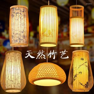 Lámparas colgantes Araña china Arte de bambú Tejido Linterna Pantalla Zen Sala de té Casa Sudeste Asiático Restaurante Balcón Lámpara