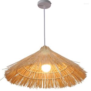 Hangende lampen Chinese hoed vorm lichte stro rotan wevende snoer hanglampen e27 led -droplights voor eetkamer restaurant bar