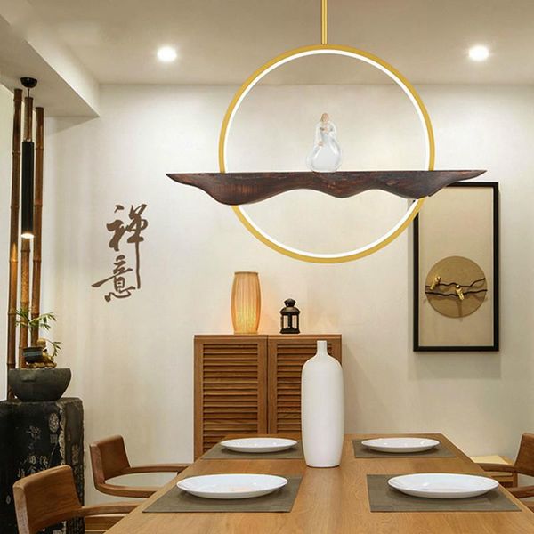 Lampes suspendues Chinois LED Petite Lampe Créative En Bois Massif Zen Restaurant Salon De Thé Étude Tête Unique En Bois Lumière WF1016600Pendant