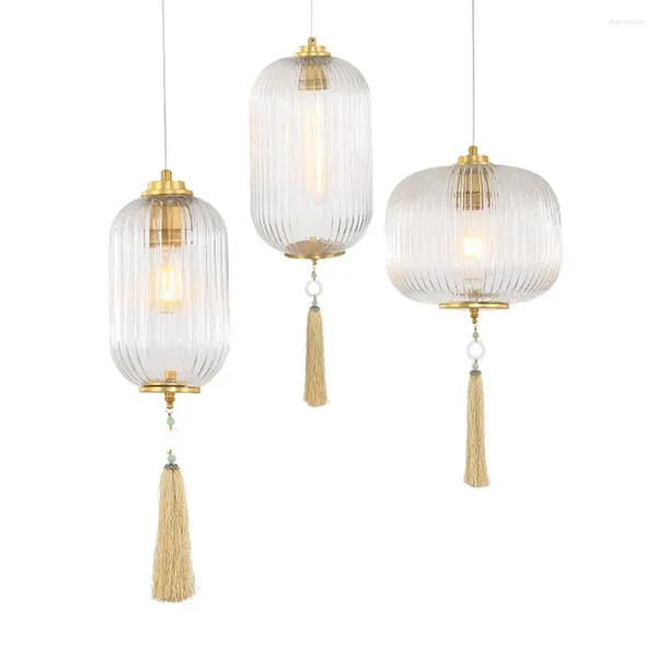 Lampes suspendues Lampes de lanterne en verre de style chinois avec gland pour salon restaurant art déco suspendu lampe de couloir de luminaire LED