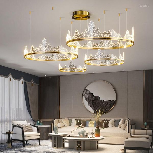 Lámparas colgantes, candelabros dorados de estilo chino, luz de techo moderna y sencilla para sala de estar, iluminación de decoración acrílica para restaurante de lujo