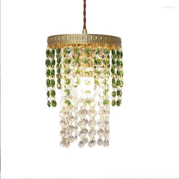 Lampes suspendues Clair Vert Cristal Lumières Chambre Étude Restaurant De Luxe Rond Tout Cuivre Gland Verre Couverture Lampe Maison Déco E14 Ampoule