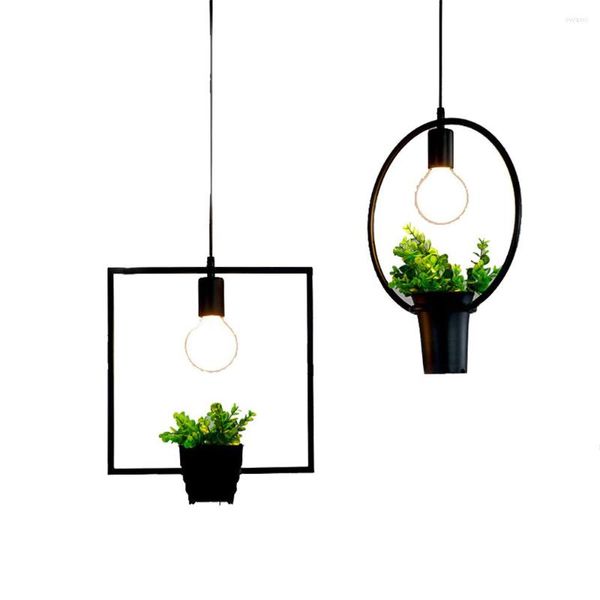 Lampes suspendues style campagnard pot de plante lumière LED carré forme ronde lampe en fer forgé restaurant café bar déco suspendu