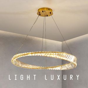 Lampes suspendues Lustre en cristal éclairage avec corde pour salon chambre à coucher Loft maison LED moderne anneau d'or plafond suspendu lampependan
