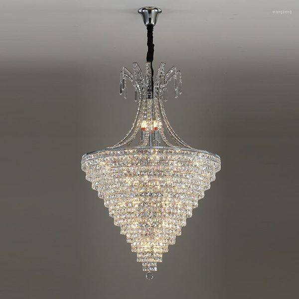 Lampes suspendues Design haut plafond salon propre cristal grand lustre créatif Simple cage d'escalier argent longue Villa