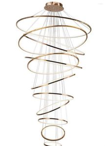 Lampes suspendues Double Lustre De Luxe Moderne Atmosphère Simple Creux Circulaire Escalier Lampe Villa Haute Salon