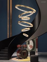 Lâmpadas pendentes duplex escadas lustre moderno anéis de luxo cristal grande lâmpada para villa sala de estar decoração de casa iluminação lustre luminária