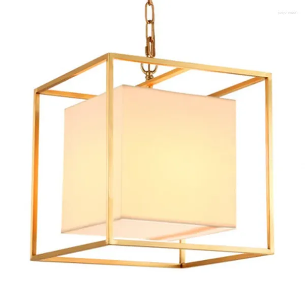 Lámparas colgantes Europea American Golden Square Cube Cobre Latón Lámpara LED Luz Marco de tela Cadena colgante moderna