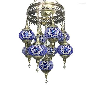 Hängelampen, exotische kreisförmige Eisenkettenlichter mit 9 kugelförmigen Buntglas-Tropfenleuchten im böhmischen türkischen Stil für Flurtreppen