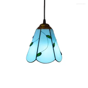Lampes suspendues usine en gros style Tiffany 220V feuille bleue LED vitrail lustres vintage pour chambres à coucher