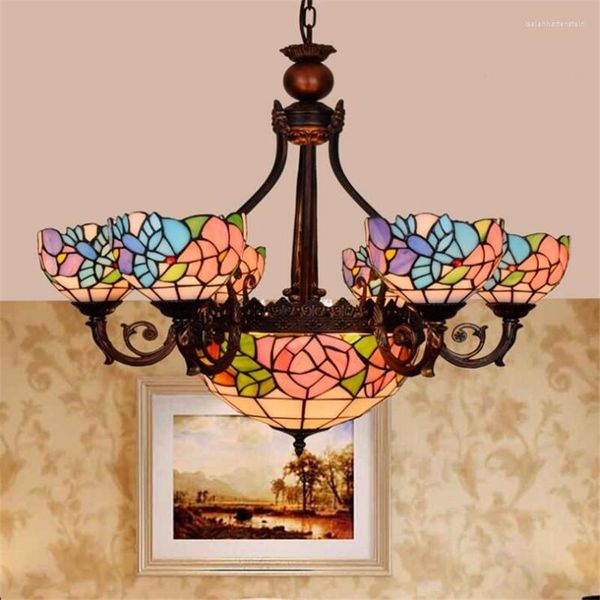Lámparas colgantes Foyer Suspensión Led Tiffany Country Glass Light para apartamento Comedor Vintage Flowers 5 Heads Lamp 1215