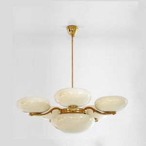 Hanglampen Franse Hofstijl Opaal Messing Woonkamer Kroonluchter Vintage Goud 3 Hoofden Glas Lamp Zuiver Koper Materiaal 5 Verlichting