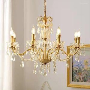 Lampes suspendues français rétro cristal perle lustre style européen villa salon salle à manger chambre bougie en cuivre