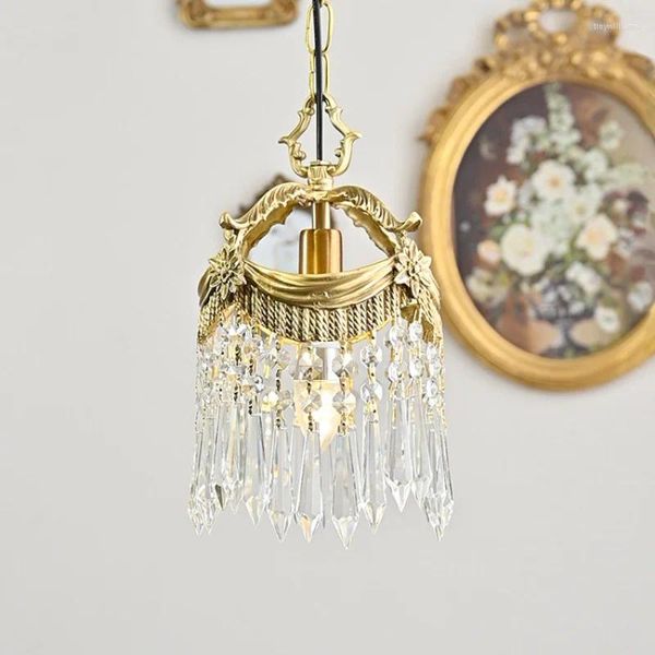 Lampes suspendues Style français Mi-Ancien Couloir en cuivre Petit Droplight Couloir italien Balcon Vintage Rétro Chambre Lampe de chevet en cristal