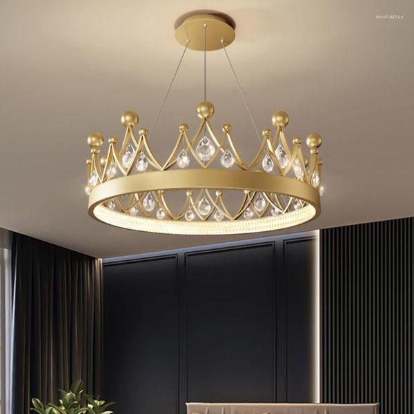 Lámparas colgantes HARCOWG Nordic Children Room Gold Chandelier Led 40/60cm Crystal Crown Luces colgantes redondas para comedor Dormitorio Decoración