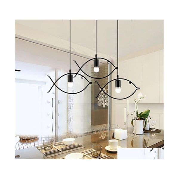 Lampes suspendues Intérieur Moderne Lustre Pandent Lampe Simple Poisson Animal E27 Ac220V Boule Noir Salon Restaurant Café Bar Art D Dh6Pg