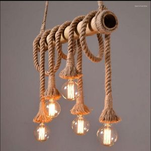 Lampes suspendues industrielles rétro corde de bambou lustre éclairage 3-10 têtes tube vintage cuisine LED lampe de restaurant suspendue
