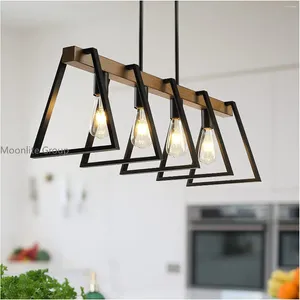 Lampes suspendues lampe en fer rétractable rétro industriel en bois triangulaire cadre à 4 têtes support E27
