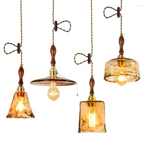 Lámparas colgantes IWHD Vintage Madera Cobre Luces Accesorios Ajustable Café Bar Dormitorio Ámbar Vidrio Estilo japonés Edison Lámpara colgante LED