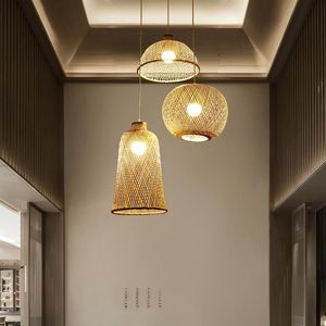 Lampes suspendues Lustre japonais Lumières en rotin de bambou naturel Tissage à la main Suspensions en osier E27 Éclairage SuspensionPendentif