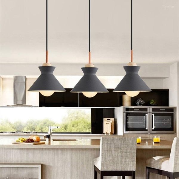 Lámparas colgantes Luz de cocina Dormitorio Lámpara gris Comedor Luces de techo de madera Oficina El Candelabro moderno Iluminación Bombilla gratis