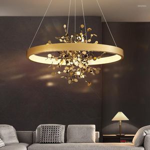 Lampes suspendues Kobuc moderne or en acier inoxydable plafond lustre salle à manger cuivre rond anneau lumières pour chambre tissu magasin