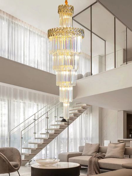 Lámparas colgantes Escalera grande Araña de cristal Lámparas LED colgantes largas de lujo Chasis de iluminación dorada para Loft Lobby Villa Escalera Sala de estar