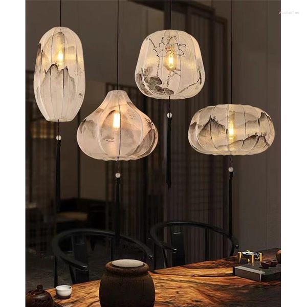 Lampes suspendues LED Lustre Zen E27 Tissage NChinese Tea House Lumière El Salon Lanterne Décor À La Maison Suspension Fer Et Lint