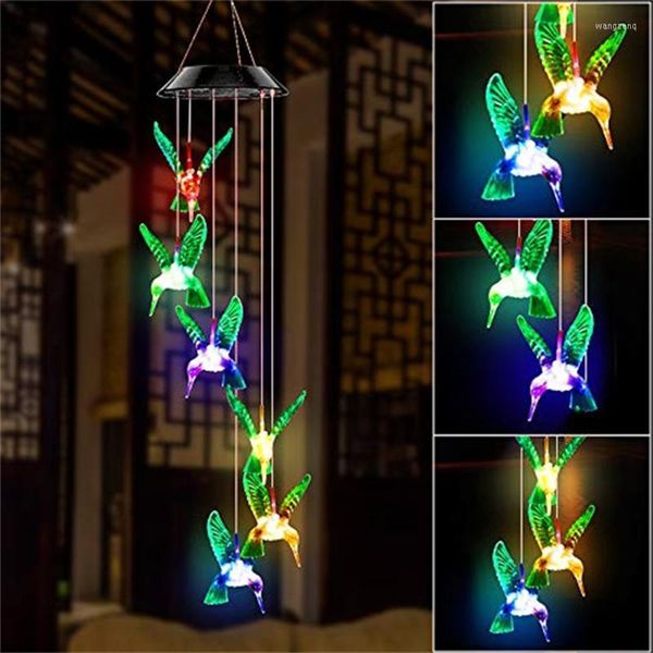 Lámparas colgantes LED colorido carillón de viento lámpara de energía Solar impermeable al aire libre cristal colibrí mariposa Windchime luz para decoración de jardín