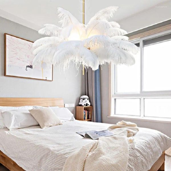 Lámparas colgantes Lámpara LED Nordic Modern Avestruz Feather Interior para decoración de dormitorio Accesorios de diseño creativo Lámparas de luz colgantes