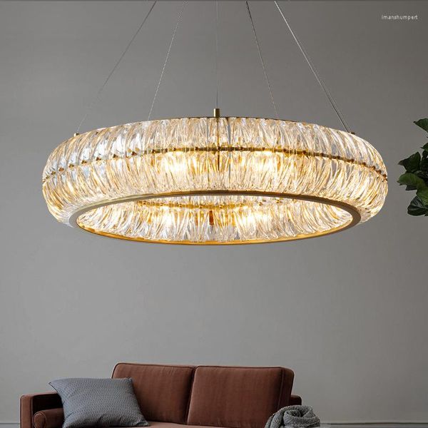 Lámparas colgantes LED Modern Round Glass Golden Chandelier Lámpara colgante Brillo Suspensión Lámpara de cristal Lustre para sala de estar Comedor