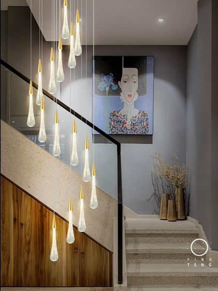 Lampes suspendues LED goutte d'eau cristal éclairage longue lampe d'escalier salle à manger lustre magasin de vêtements salon escalier tréfilage suspendu Lig
