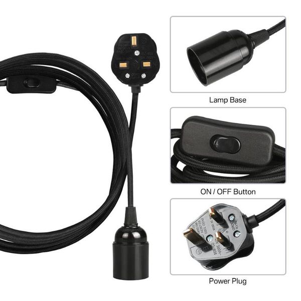 Lámparas colgantes Luces E27 Bases de lámpara 2/3 / 4M Cable de alimentación Enchufe del Reino Unido Adaptador colgante con cable de interruptor para soporte de enchufe