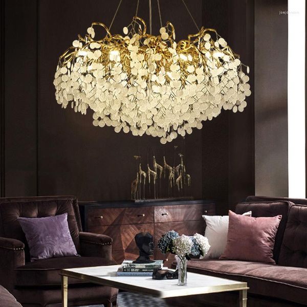 Lampes suspendues Salon LED Lustre Atmosphérique Or Cristal Moderne Lumière De Luxe Grande Taille Villa Branche Salle À Manger Éclairage