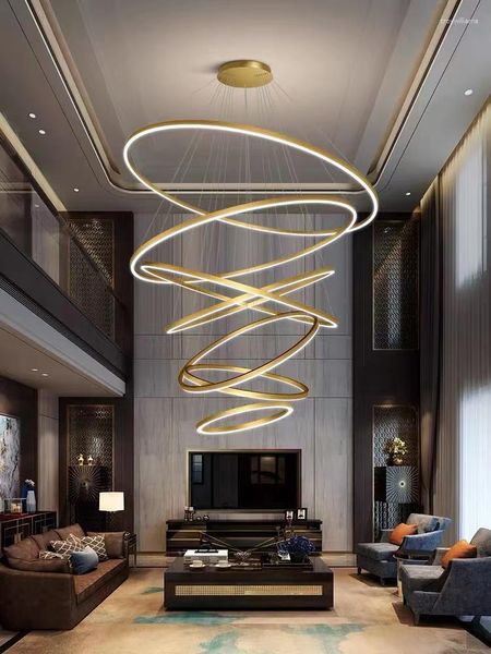 Lampes suspendues Salon Anneau LED Grand Lustre Moderne Duplex Rotatif Escalier En Spirale Lumière Pour Chambre Cuisine