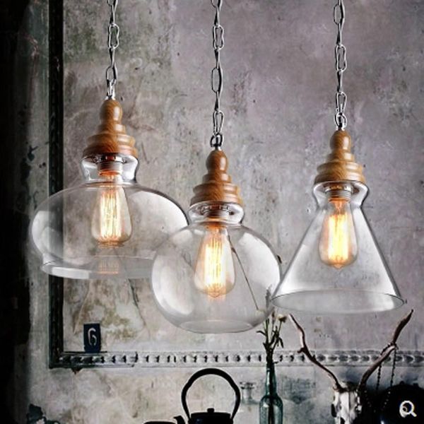 Lampes suspendues Loft Industrial Glass Bubble Lights Rustic Wood Farmhouse Decor Kitchen Island Lighting FixturesPendentif
