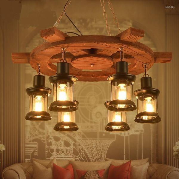 Lampes suspendues Loft Restaurant Bar Personnalité Bateau Lustre En Bois Penda Village Américain Créatif Rétro Vent Industriel LU728295