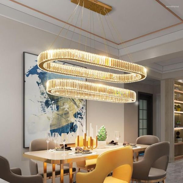 Lámparas colgantes Araña de lujo para comedor Sala de estar Oval Acero Luces LED Oro Cromo Lustre K9 Lámpara colgante de cristal Suspender