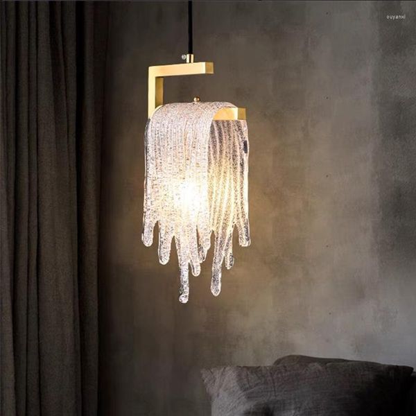 Lámparas colgantes Lámpara de cobre de lujo Modelo de hielo de imitación Cabecera Colgante de una sola cabeza Comedor Dormitorio Suspensión Iluminación Luces de vidrio