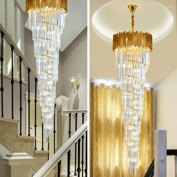 Pendants lampes luxueuse éclairage de lustre moderne pour escalier long luminaires en cristal en or grand couloir