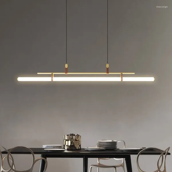 Lampes Suspendues Minimalisme Led Lampe Noir Or Cuir Table À Manger Eden Moderne Long Tube