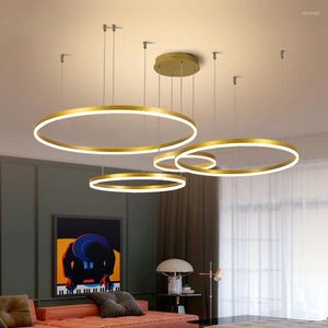 Lampes suspendues Moderne 5 Anneau Led Lumières Dimmable Or Noir Brun Pour Chambre Salon Salle À Manger Lustre Décor À La Maison Luminaire