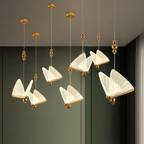 Lámparas colgantes, luces de cristal de mariposa modernas, lámpara de escalera de lujo nórdica, decoración de sala de estar, iluminación interior artística para restaurante