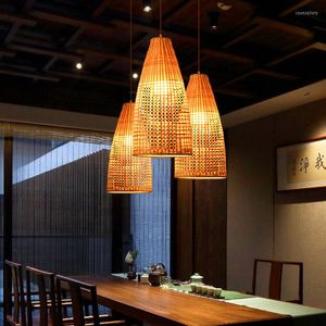 Lámparas colgantes moderno chino tejido a mano araña de bambú hogar jardín restaurante estudio dormitorio arte lámpara decorativa ratán sombra decoración de la habitación